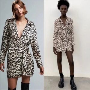 ZARA WOMAN NWT PRINTED SHIRT DRESS animal leopard print WITH HEADBAND S satin